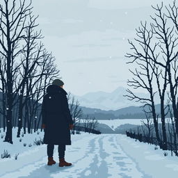 A pixel art representation of a somber scene in Russia, featuring a winter landscape with bare trees and a cold, overcast sky