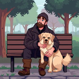 A pixel art representation of a sad man sitting on a park bench with his dog by his side