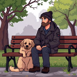 A pixel art representation of a sad man sitting on a park bench with his dog by his side