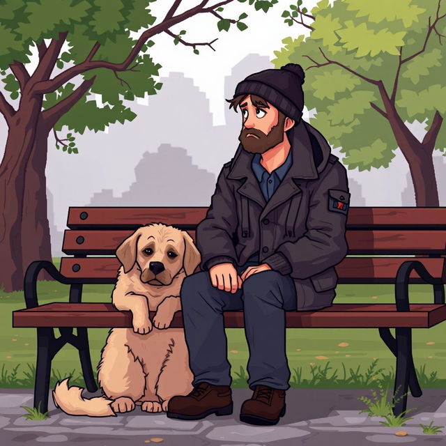 A pixel art representation of a sad man sitting on a park bench with his dog by his side