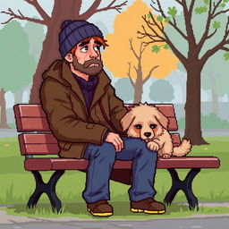 A pixel art representation of a sad man sitting on a park bench with his dog by his side