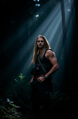 A man standing confidently in a dark forest illuminated by soft, ethereal light filtering through the trees