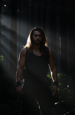 A man standing confidently in a dark forest illuminated by soft, ethereal light filtering through the trees