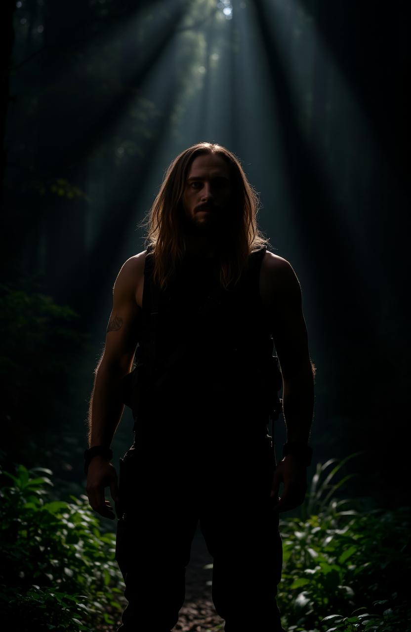 A man standing confidently in a dark forest illuminated by soft, ethereal light filtering through the trees