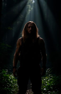 A man standing confidently in a dark forest illuminated by soft, ethereal light filtering through the trees