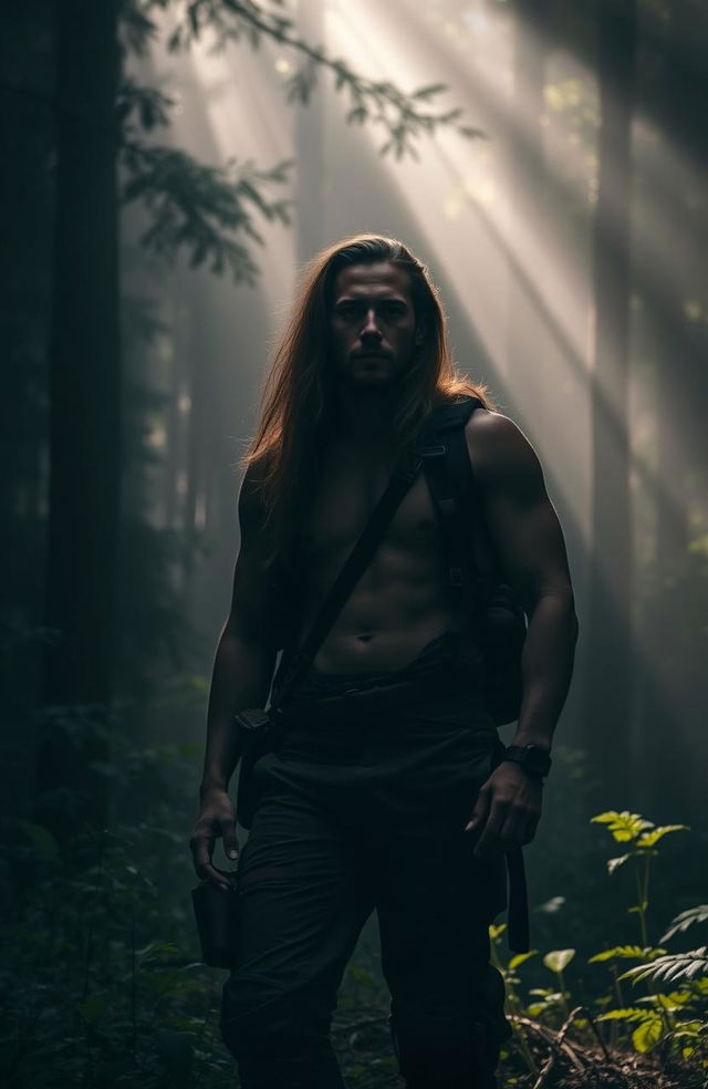 A man standing confidently in a dark forest illuminated by soft, ethereal light filtering through the trees