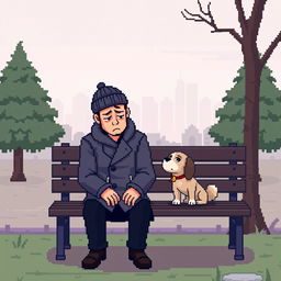 A pixel art style representation of a sad man sitting on a park bench with his dog