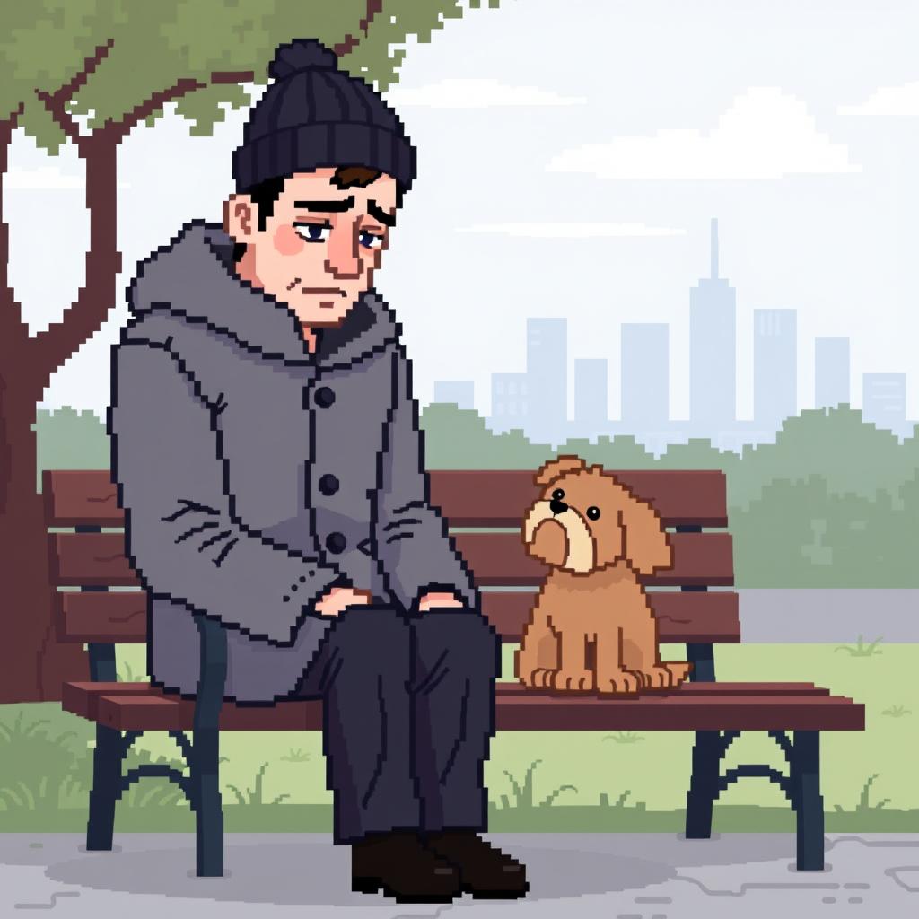 A pixel art style representation of a sad man sitting on a park bench with his dog