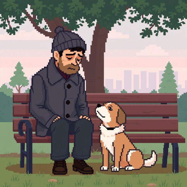 A pixel art style representation of a sad man sitting on a park bench with his dog