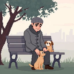 A pixel art style representation of a sad man sitting on a park bench with his dog
