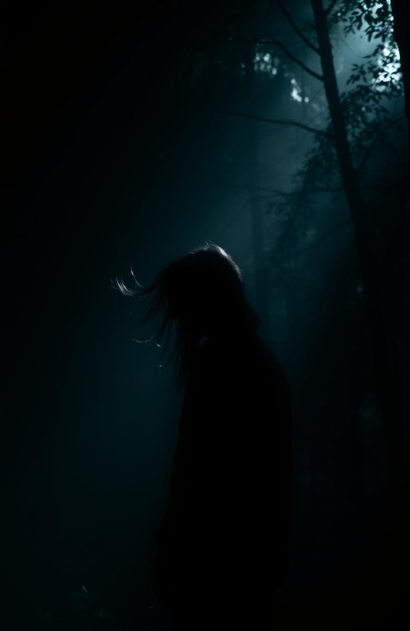 A silhouette of a man standing in the distance within a dark, atmospheric forest