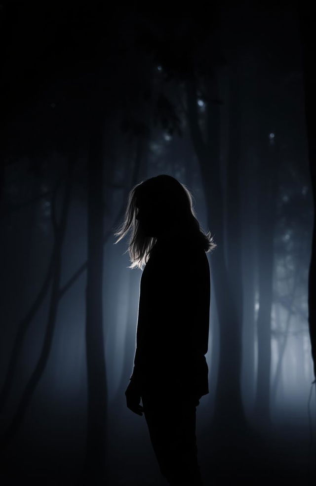 A silhouette of a man standing in the distance within a dark, atmospheric forest