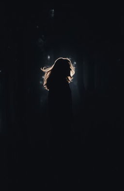 A silhouette of a man standing in the distance within a dark, atmospheric forest