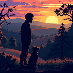 A pixel art scene depicting a sad man silhouette alongside a dog silhouette in a natural outdoor setting