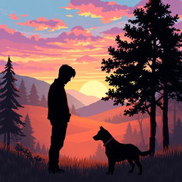 A pixel art scene depicting a sad man silhouette alongside a dog silhouette in a natural outdoor setting