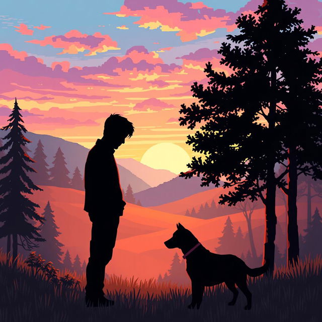 A pixel art scene depicting a sad man silhouette alongside a dog silhouette in a natural outdoor setting