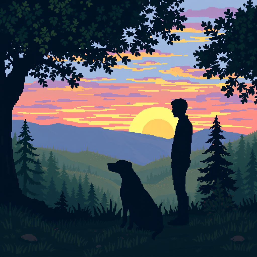 A pixel art scene depicting a sad man silhouette alongside a dog silhouette in a natural outdoor setting