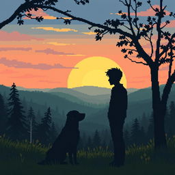 A pixel art scene depicting a sad man silhouette alongside a dog silhouette in a natural outdoor setting