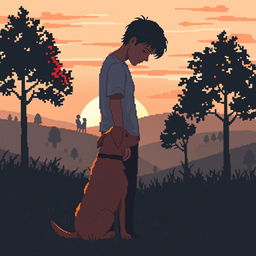 A pixel art scene depicting a sad man with a dog, silhouettes in the distance, set in a natural landscape