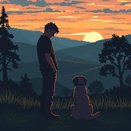 A pixel art scene depicting a sad man with a dog, silhouettes in the distance, set in a natural landscape