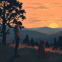 A pixel art scene depicting a sad man with a dog, silhouettes in the distance, set in a natural landscape