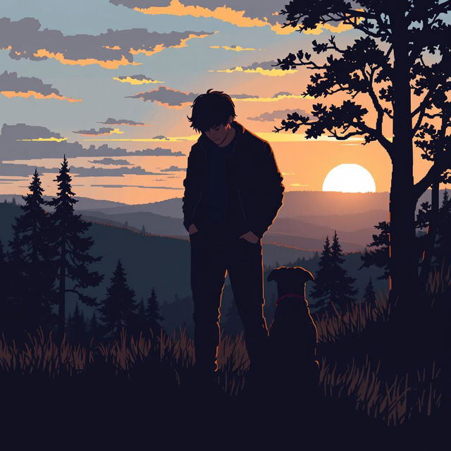 A pixel art scene depicting a sad man with a dog, silhouettes in the distance, set in a natural landscape