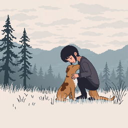 Pixel art scene depicting a sad person gently stroking a dog amidst a nature setting