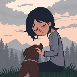 Pixel art scene depicting a sad person gently stroking a dog amidst a nature setting