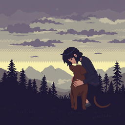 Pixel art scene depicting a sad person gently stroking a dog amidst a nature setting