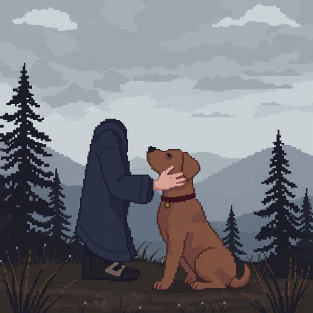 Pixel art scene depicting a sad person gently stroking a dog amidst a nature setting