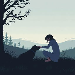 A pixel art scene depicting a sad person gently stroking a dog, with silhouettes of distant trees and a serene natural landscape in the background