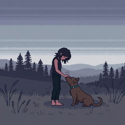 A pixel art scene depicting a sad person gently stroking a dog, with silhouettes of distant trees and a serene natural landscape in the background