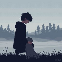 A pixel art scene depicting a sad person gently stroking a dog, with silhouettes of distant trees and a serene natural landscape in the background
