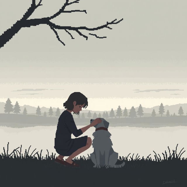 A pixel art scene depicting a sad person gently stroking a dog, with silhouettes of distant trees and a serene natural landscape in the background