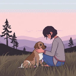 A pixel art scene depicting a sad person gently petting a dog, set against a natural landscape