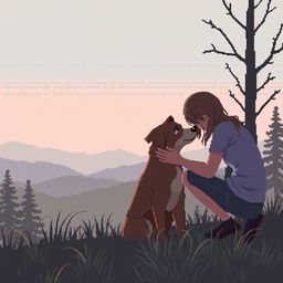 A pixel art scene depicting a sad person gently petting a dog, set against a natural landscape