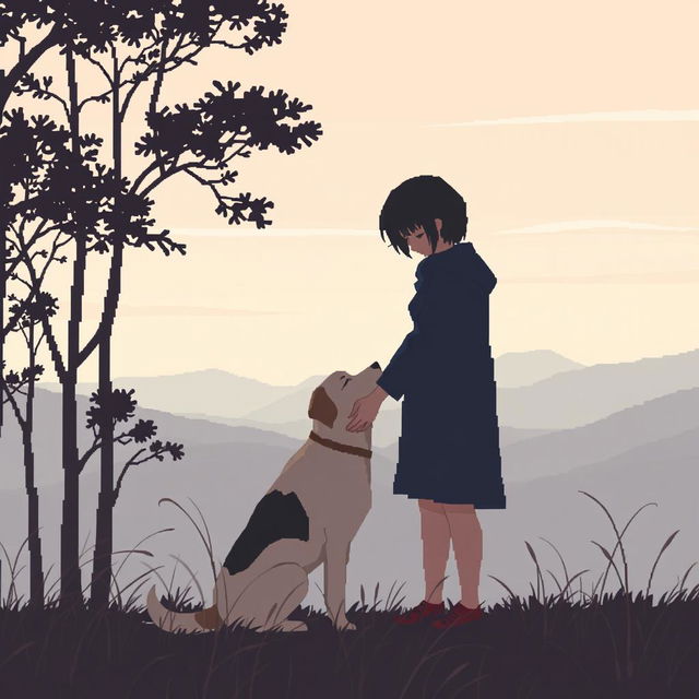 A pixel art scene depicting a sad person gently petting a dog, set against a natural landscape