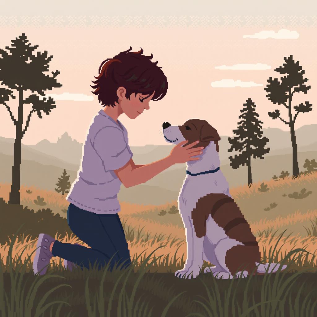 A pixel art scene depicting a sad person gently petting a dog, set against a natural landscape