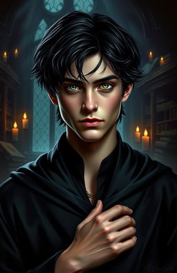 A mysterious and dark portrait of a young man inspired by Tom Riddle, featuring piercing green eyes and elegant black hair, dressed in a classic dark robe that hints at his powerful potential