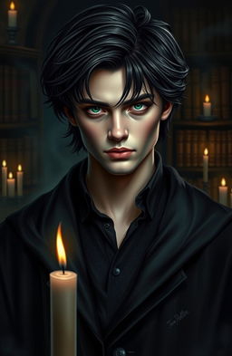 A mysterious and dark portrait of a young man inspired by Tom Riddle, featuring piercing green eyes and elegant black hair, dressed in a classic dark robe that hints at his powerful potential