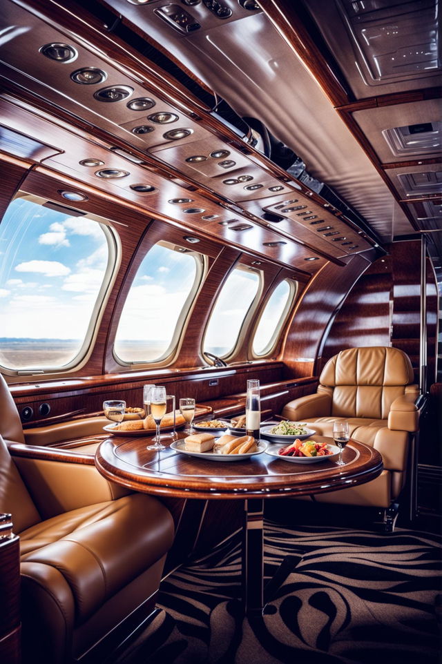 This is a high-quality image of a luxurious first-class private jet interior, featuring plush leather seats, ambient lighting, a small wooden table with gourmet snacks and champagne, tasteful artwork on the walls, a plush carpet, and large windows offering a stunning view of the sky