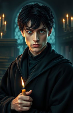 A mysterious and dark portrait of a young man inspired by Tom Riddle, featuring piercing green eyes and elegant black hair, dressed in a classic dark robe that hints at his powerful potential