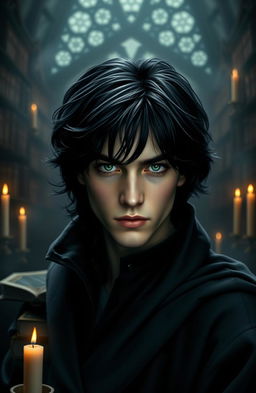 A mysterious and dark portrait of a young man inspired by Tom Riddle, featuring piercing green eyes and elegant black hair, dressed in a classic dark robe that hints at his powerful potential