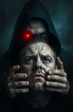 A man being controlled by a mysterious figure with a glowing red eye