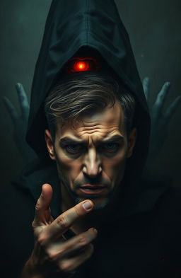 A man being controlled by a mysterious figure with a glowing red eye