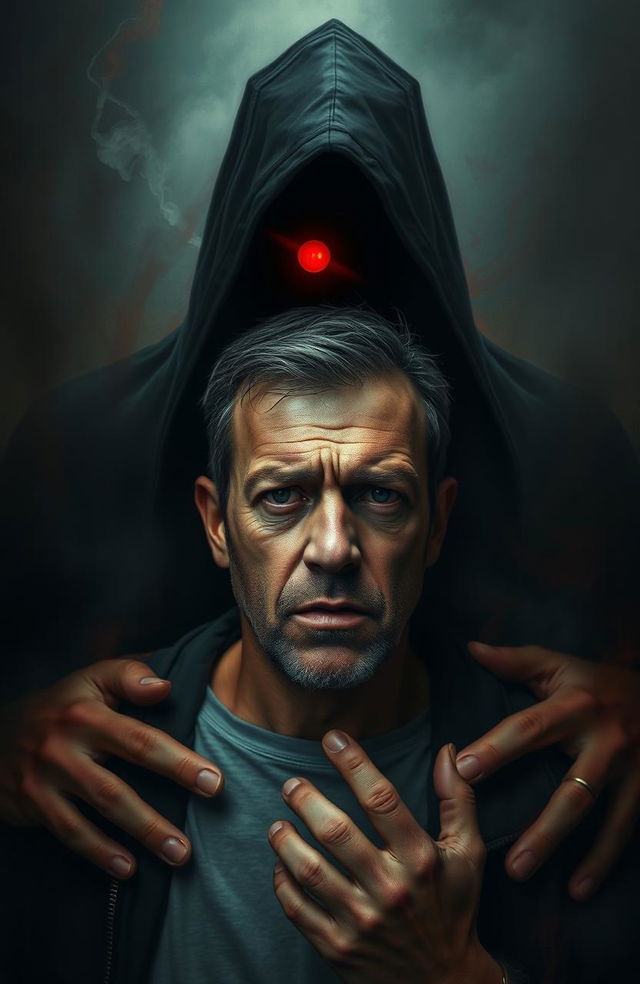 A man being controlled by a mysterious figure with a glowing red eye