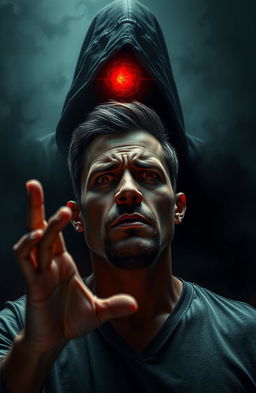 A man being controlled by a mysterious figure with a glowing red eye