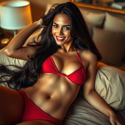 A beautiful Brazilian woman lying on a luxurious bed, wearing a small red bikini