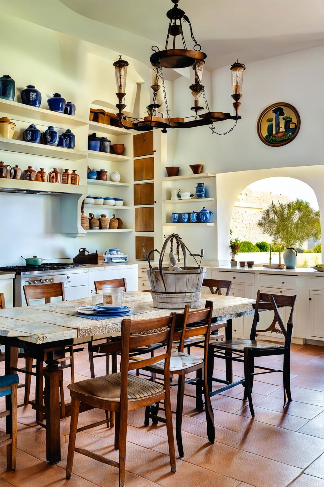 A high-resolution digital image of a spacious and airy kitchen and dining room designed in the Mediterranean style