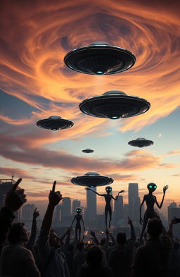 A dramatic scene depicting an alien invasion, featuring futuristic alien spacecraft hovering majestically over a city skyline at dusk